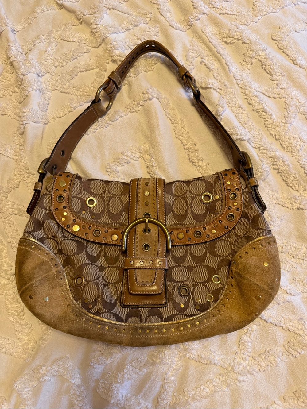 Coach Brown Signature Canvas Shoulder Bag with Studded Trim